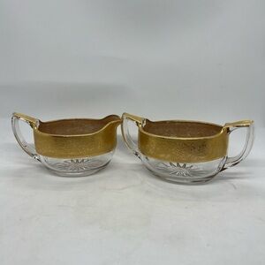 Vintage Creamer & Open Sugar Set with Thick Band of Gold Golding Accent.